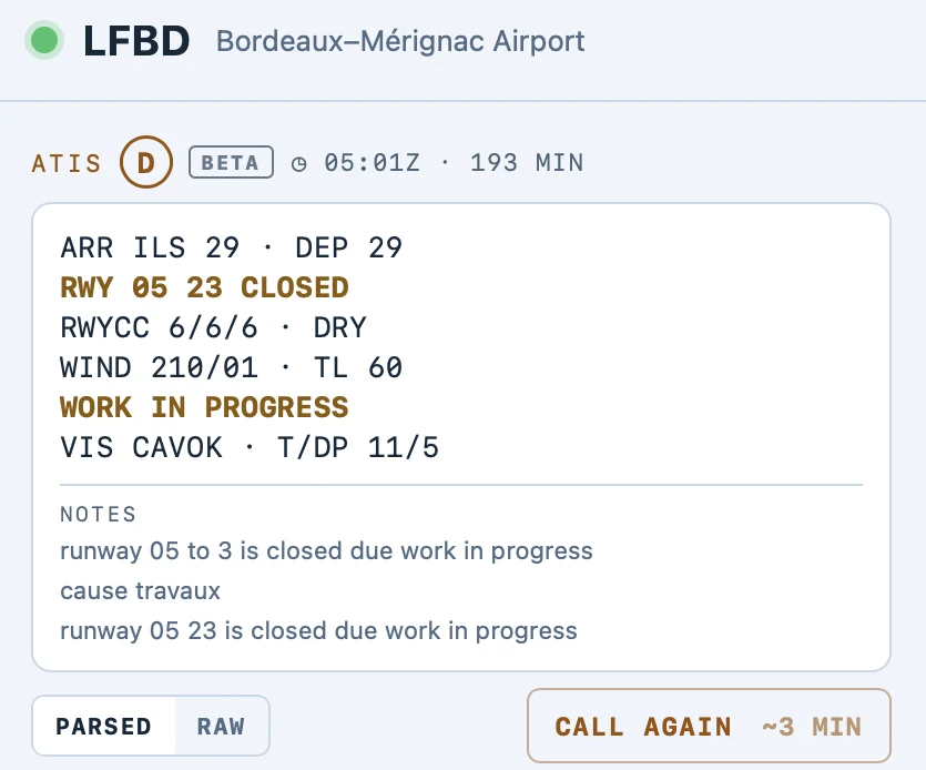 Bordeaux ATIS, letter D, decoded: runway 05/23 closed, work in progress