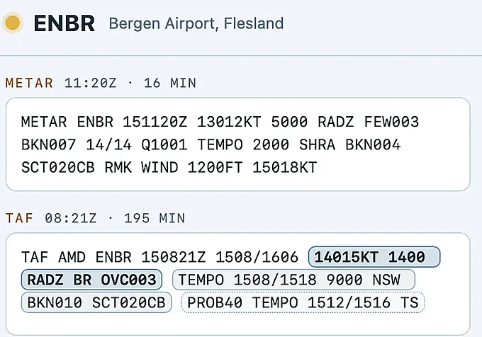 ENBR panel: raw METAR and TAF with the age of the report